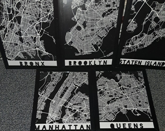 NYC  Five Borought US Map Poster Black & White Hometown City Print .