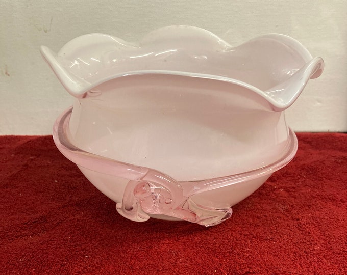 Vintage Pink Ruffled White Cased Vase / Bowl / Planter with Glass Knot Bow