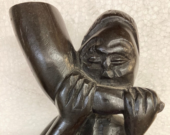 Handmade African Wood Sculpture: Tribeman with Horn, Home Decor