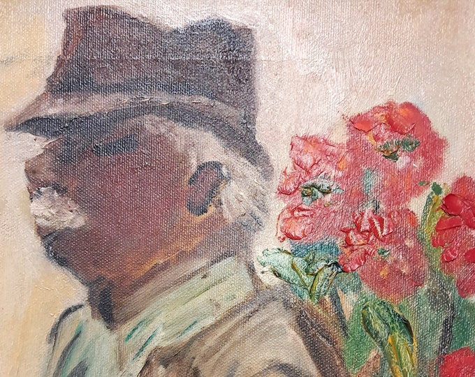 Oil On Canvas Painting by 'jeb"  Old Man Carrying Flower