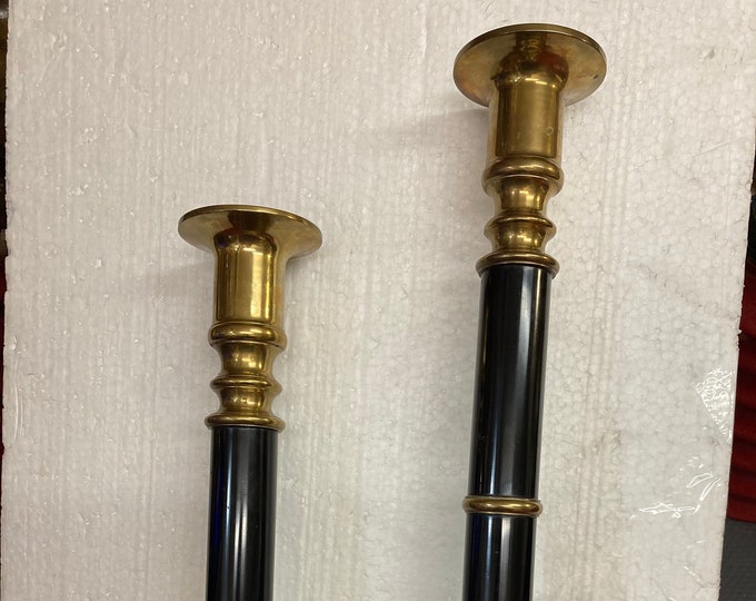 Vintage Brass & Black Column Candlestick Set - 1970s Solid Brass