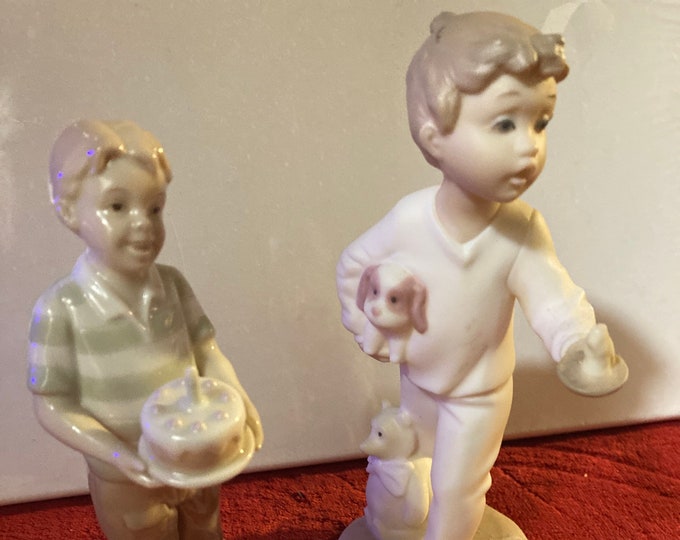Light the Way by Golden Memories Lladro  & Rex Valencia Porcelain Glazed Figurine of Boy with Cake and Present