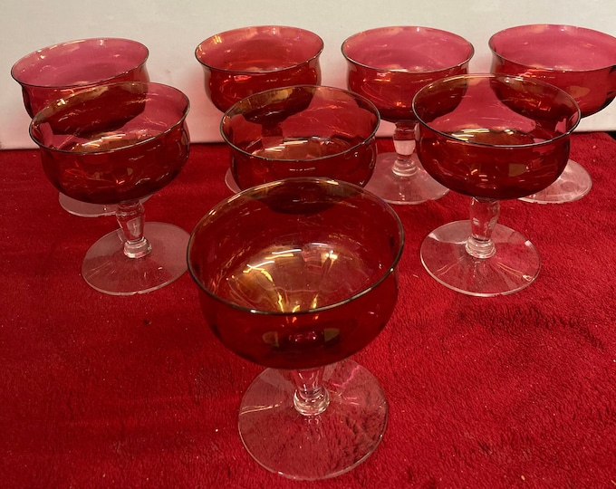 Set of 8 French Ruby Red Crystal with Clear Stem Champagne Coupe Glasse