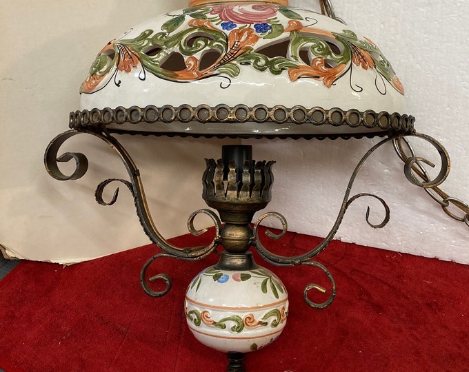 Antique Wrought iron Chandelier Ceramic Pottery Shade Italian Tole