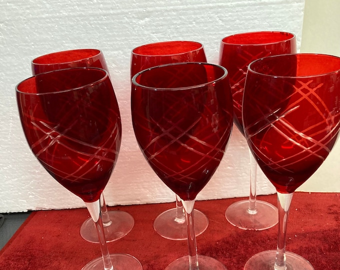 Art Deco Ruby Red Cut To Clear Wine Glasses - Set of 6