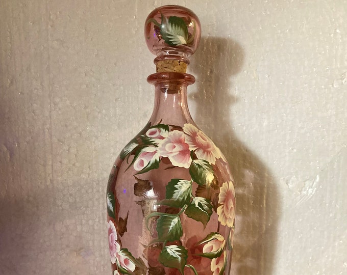 Vintage Hand Painted Floral Glass Bottle With Matching Stopper