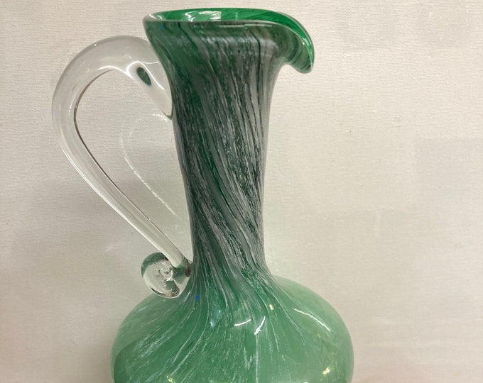 Handmade GreenGlass Pitcher Applied Clear Handle,11 Inch