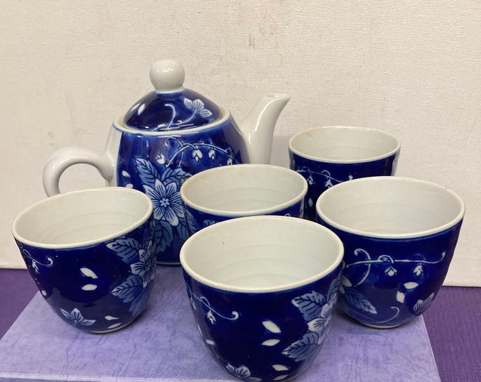 Kafuh Japan Tea Set, Blue Floral Design with Original Box