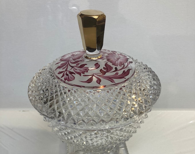 Vintage Crystal Glass Candy Dish with  Decorative Floral  lid