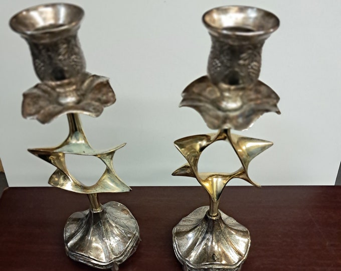 Pair Vintage Judaica Candlestick Candle Holders Silver Plated Magen David Star