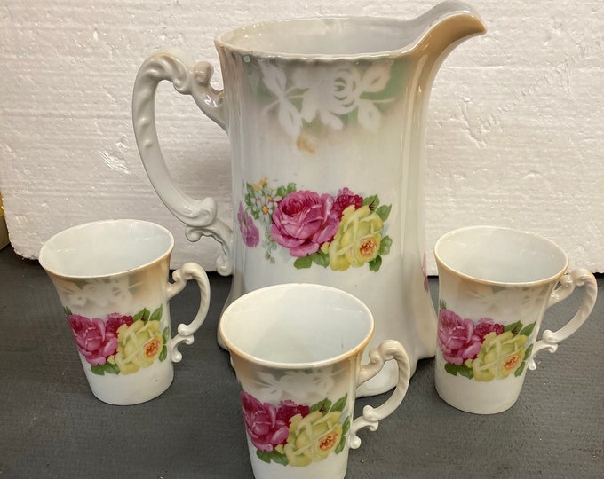 Vintage  4 Pcs. Set Pink Roses Lemonade Pitcher and Cups