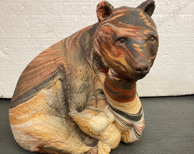 Heavy Colorful Stone Carved Bear With Cub Signed Art