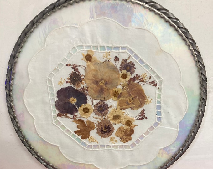 Handmade 12" Round Framed, Flowered Over Lace