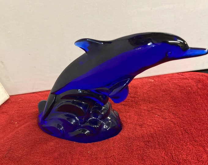 Fenton Art Glass Cobalt  Blue Carnival Waves Jumping Dolphin Figurine