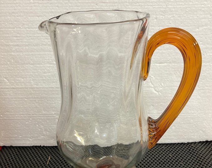Vintage Hand Blown Amber Crackle Glass Pitcher