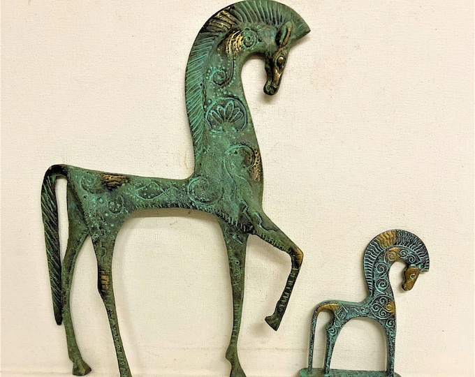 2 Greek Horse Bronze Statues (Green) - Ancient Animal Sculpture