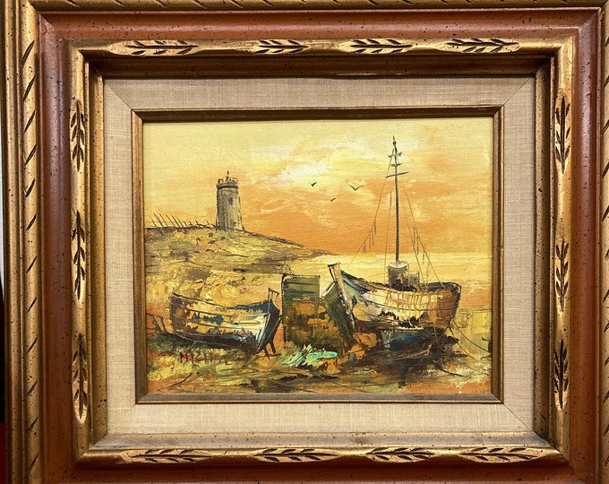 Vintage Oil Painting onCanvas Framed Fishing Boats ,Signed Michal