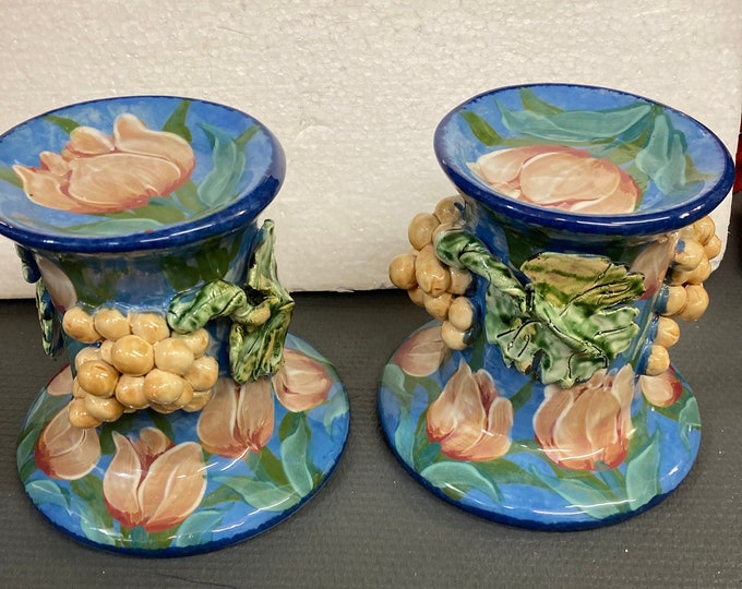 Lesäl Ceramic Pillar Candle Holders: 3D Grape Relief, Hand-Painted Set