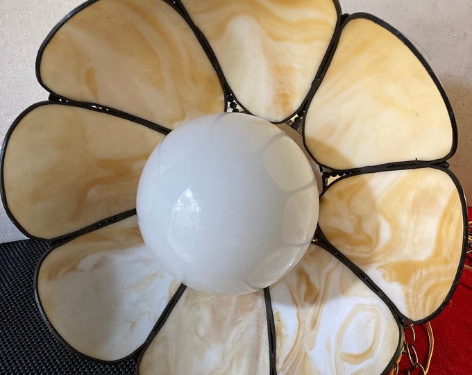 Vintage 1960s Mid-Century Modern Cream & Caramel Swirl Slag Glass and Brass Pendant Shade