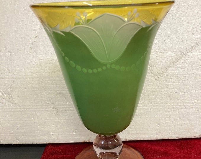 HTF Westmoreland Tall Vase Yellow Green Cut To Clear Pearled Tulip Design.