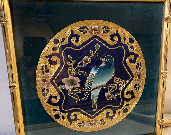 Handwoven Framed Artwork  With Gold Trim  on Green Velvet of  A Bird