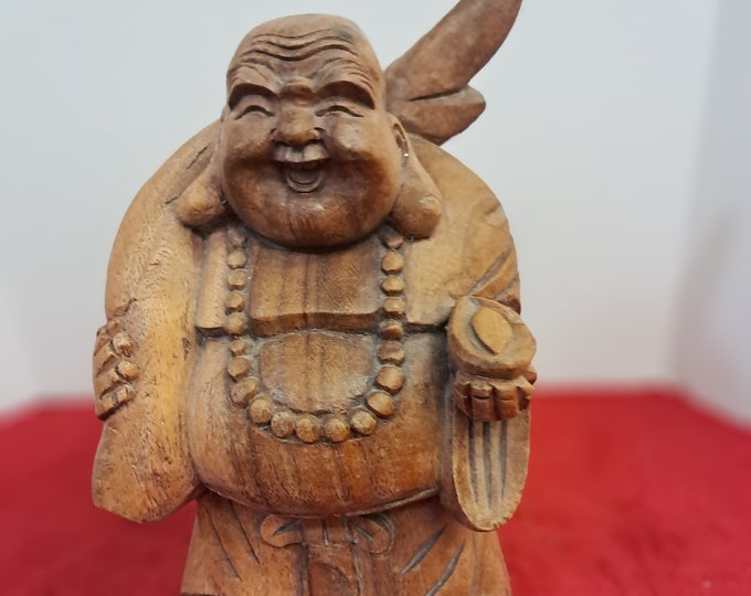 Standing Wood Statue of the Laughing Buddha