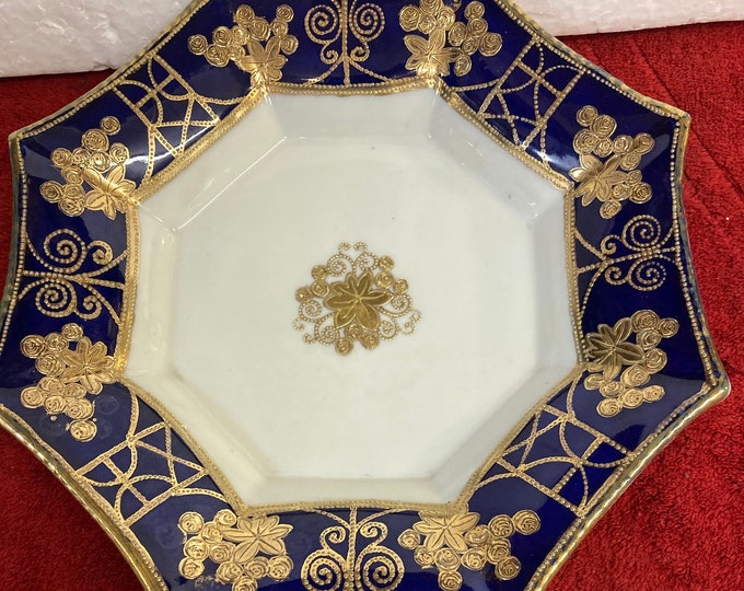 Nippon Hand Painted  Floral Cobalt & Gold Pierced 8.5 Inch Plate