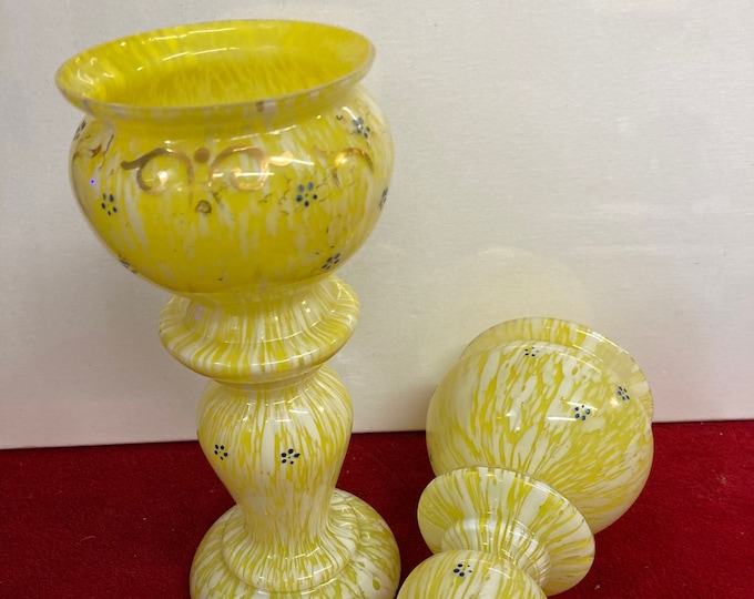 Pair of Vintage Enameled Yellow Bohemian Swirl Glass vase