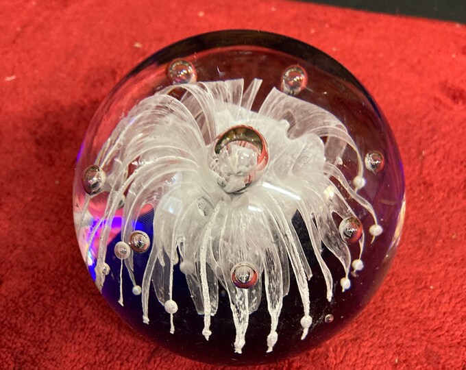 COBALT BLUE White Single Flower Sphere Glass Paperweight Controlled Bubbles Art