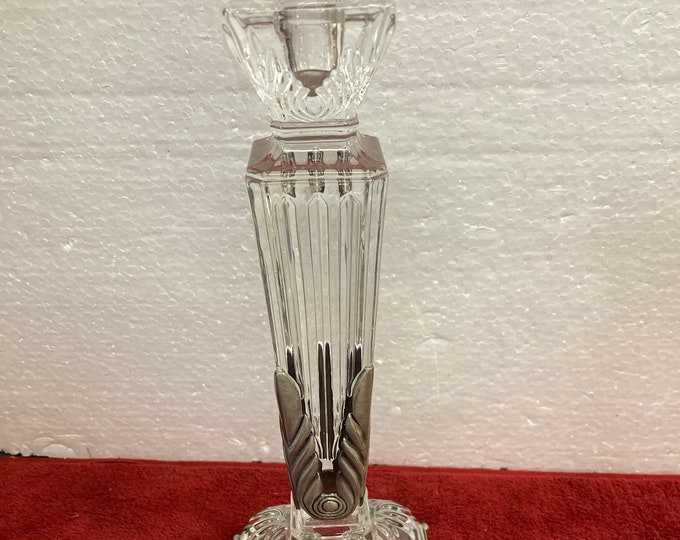 Rare Vintage Crystal Art Deco Candlestick Holder: Pewter Accents
