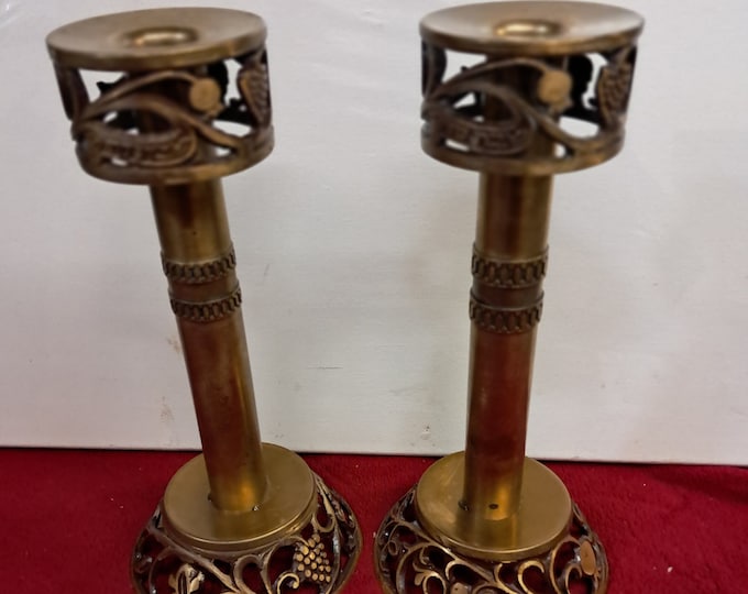 VTG Oppenheim Brass Shabbat Candlestick Set of 2 Grape Design Made in Israel FSS