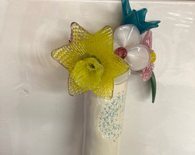 Large Stemmed Handmade Molten Flowers  With Handmade Cermaic  Vase