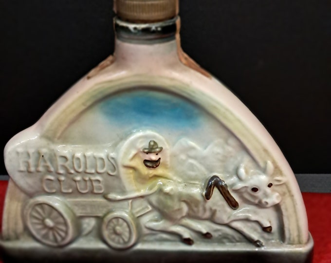 Vintage 1969 Jim Beam Decanter: Harold's Club Covered Wagon Ceramic Liquor Bottle