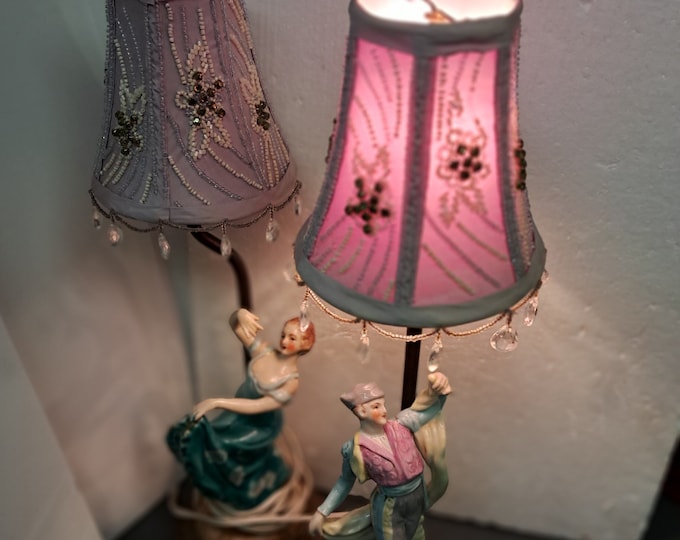 Vintage Rococo Style Pair Porcelain Figurine Table Lamps