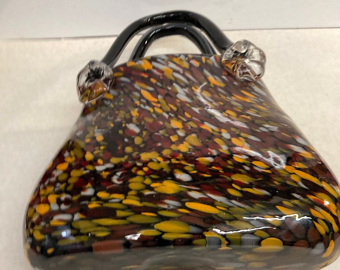 Block" Crystal /Hand Made Blown Glass Purse Vase. Amber Confetti Design Portugal, circa 1980.