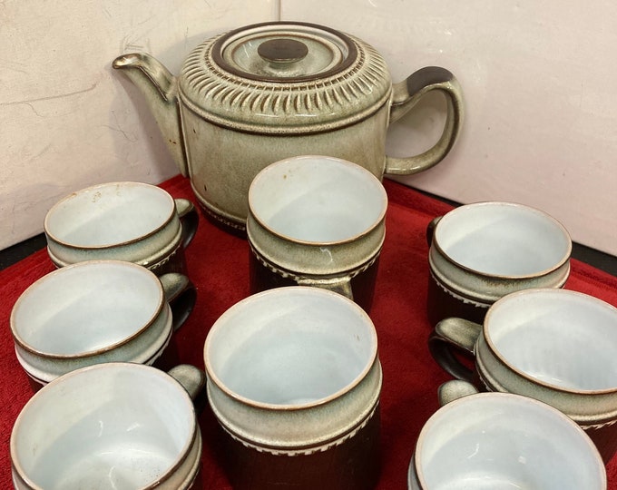 Vintage Denby RONDO Teapot Set, Stoneware Tea Cups, England