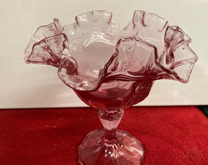 Mid-Century Cranberry Fenton Rose Ruffled Pedestal Vintage  Dish.Ruffled Glass Candy Bowl