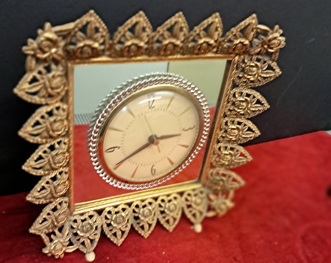 Vtg Gold Filigree Session Hollywood Regency Vanity Boudoir Clock