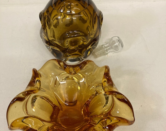 Mid-Century Amber Glass Set: Murano Ashtray & SEDA Swedish Perfume Bottle