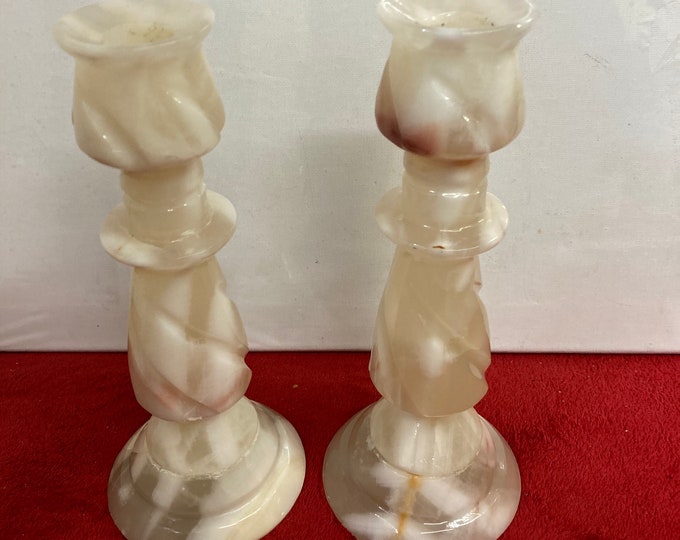 Vintage Marble Heavy Chiseled Twist Motif 2 Pc Candle Holders