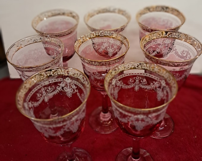 8 Antique Bohemian Etched Ruby Crystal Wine Glasses