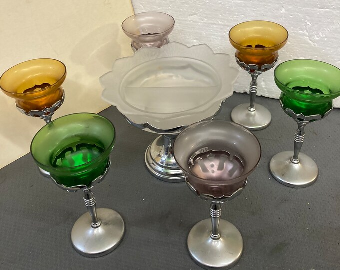 1940s Art Deco Farberware Morgantown Chrome Wine Cordial Cocktail Glasses - Set of 6