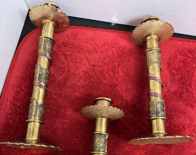 3 Rare Handmade Brass Candelholder .Made In Israel