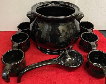 Ceramic Black Soup Pot With Tureen & 6 Cups
