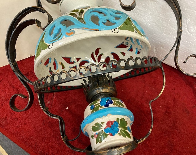 Antique Wrought iron Chandelier Ceramic Pottery Shade Italian Tole