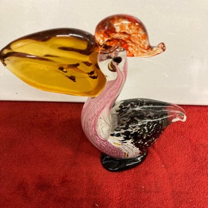 Handmade Murano Art Glass Pelican Amber Sculpture with Fish in Bill