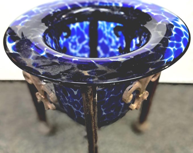 Vintage Clear/ Cobalt Blue Handmade Vase  with  Ornate  Cast Iron  Stand