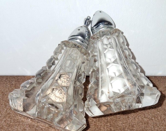 Vintage Hand cut American  Crystal Corp Salt & Pepper Shakers