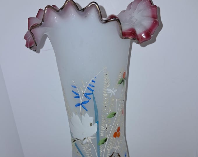 Victorian Opaque White Glass Vase, Hand Painted Floral Design