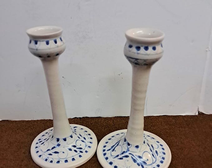 2~ANNA FADELEY Pottery Stoneware Candlestick Candle Holders Vermont Signed